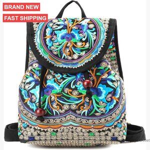 Floral Embroidered Canvas Mini Backpack Daypack Adjustable Straps Lightweight